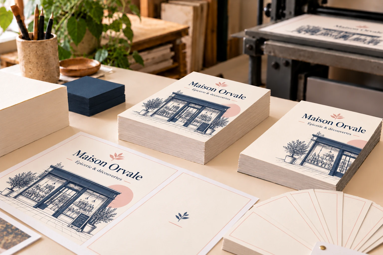 Flyers de l’enseigne fictive Maison Orvale et nuanciers sur une table de préparation